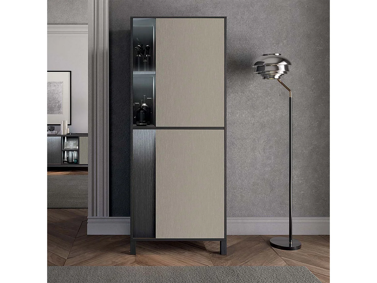 MANTA - Rangement Droit 2 Portes Effet Chêne Foncé et Champagne avec Leds