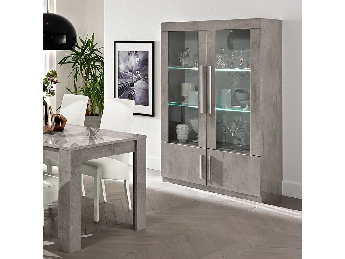 CLARK - Vitrine 4 Portes Laquée Effet Marbre Poignées Métal avec Leds