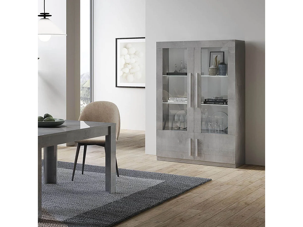 CLARK - Vitrine 4 Portes Laquée Effet Marbre Poignées Métal avec Leds