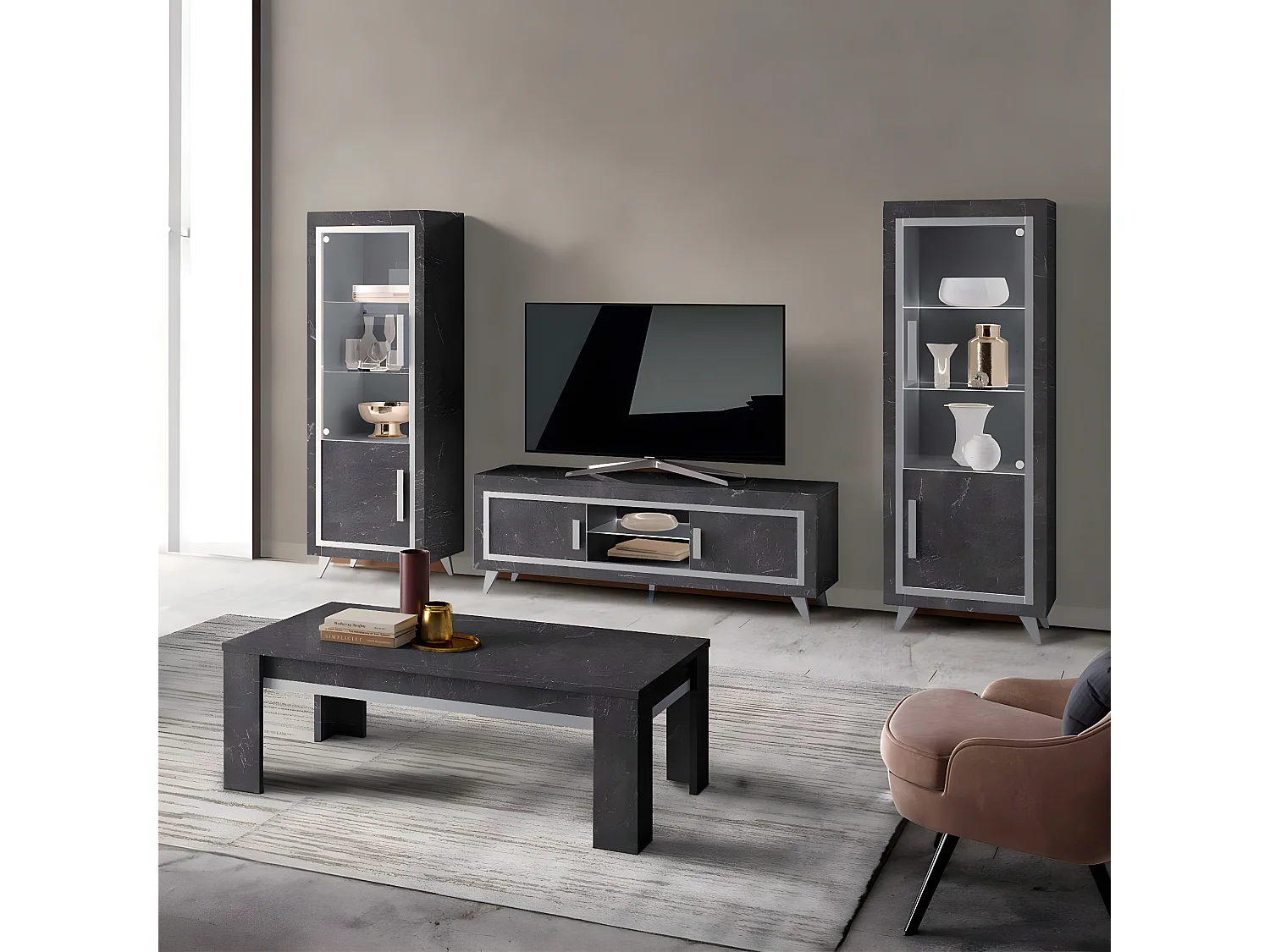 GUEDA - Vitrine Droite Effet Marbre Anthracite Finition Argent avec Leds