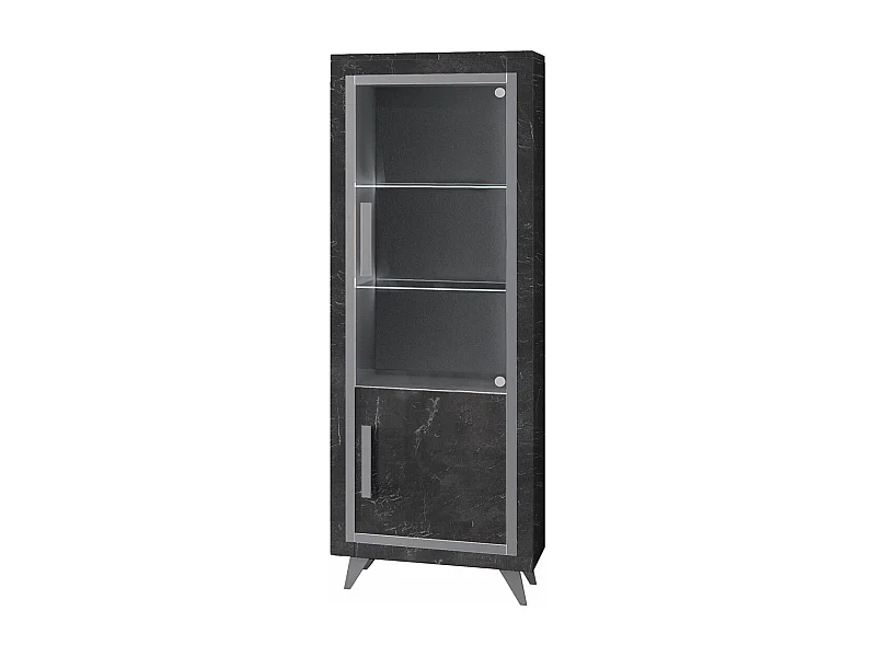GUEDA - Vitrine Droite Effet Marbre Anthracite Finition Argent avec Leds