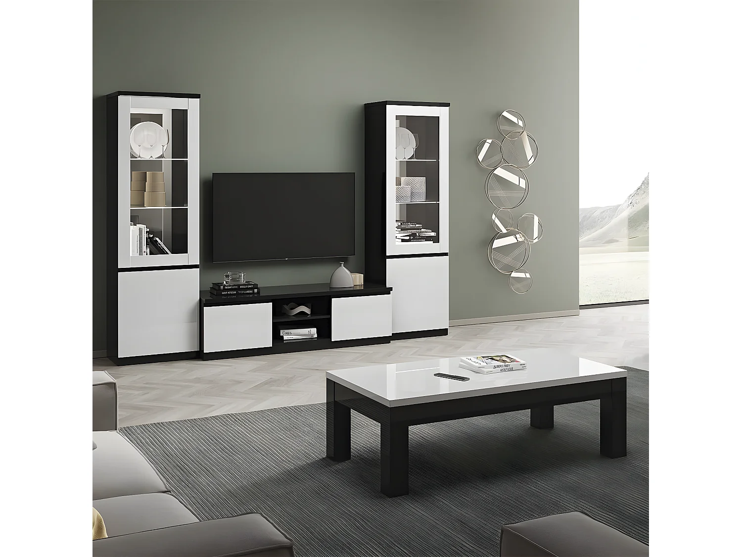 DEYTON - Vitrine Gauche Laquée Noir et Blanc Brillant avec Leds