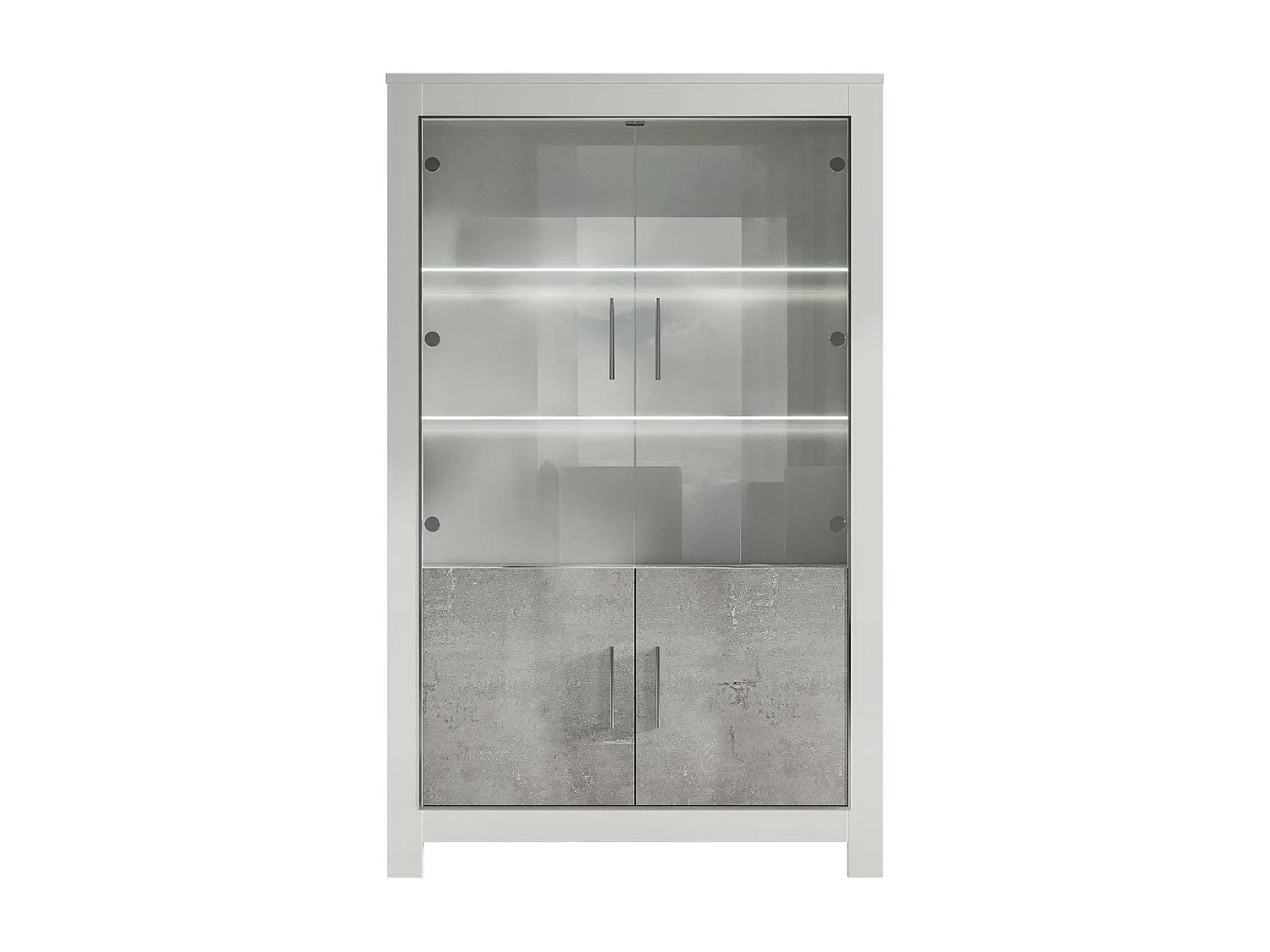 DENAE - Vitrine 4 Portes Laquée Blanc Brillant et Gris Marbré avec Leds