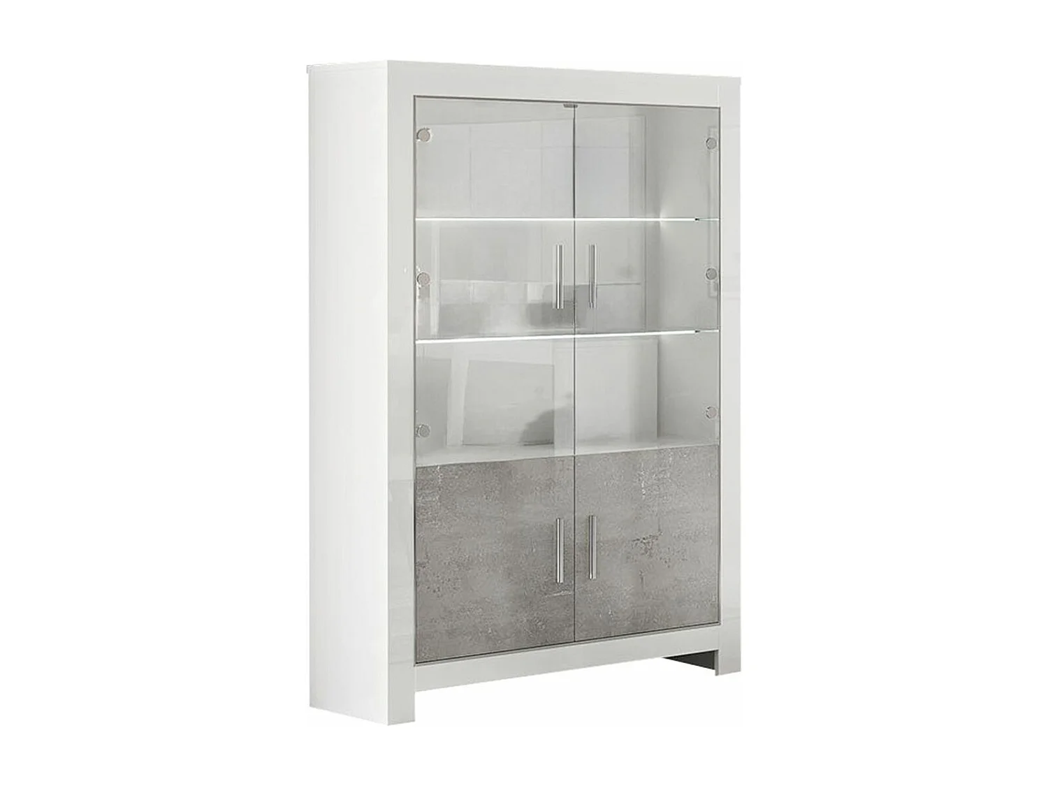 DENAE - Vitrine 4 Portes Laquée Blanc Brillant et Gris Marbré avec Leds