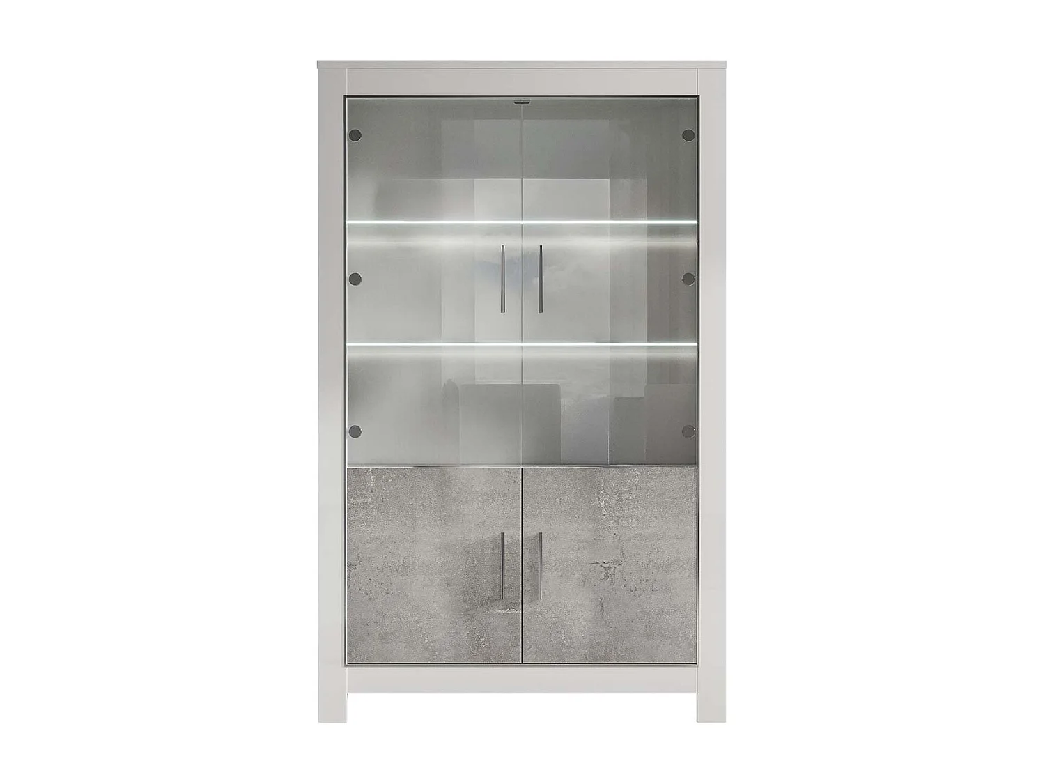 DENAE - Vitrine 4 Portes Laquée Blanc Brillant et Gris Marbré avec Leds