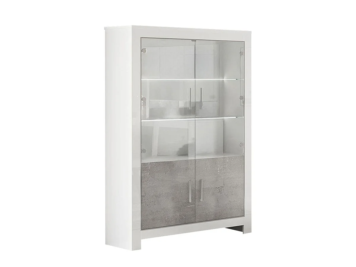 DENAE - Vitrine 4 Portes Laquée Blanc Brillant et Gris Marbré avec Leds
