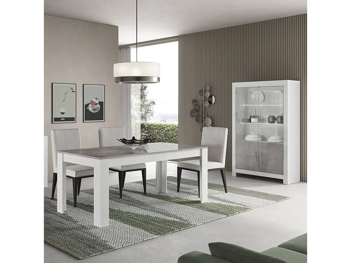 DENAE - Vitrine 4 Portes Laquée Blanc Brillant et Gris Marbré avec Leds