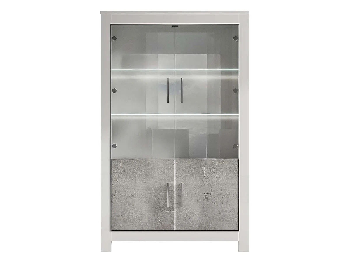 DENAE - Vitrine 4 Portes Laquée Blanc Brillant et Gris Marbré avec Leds