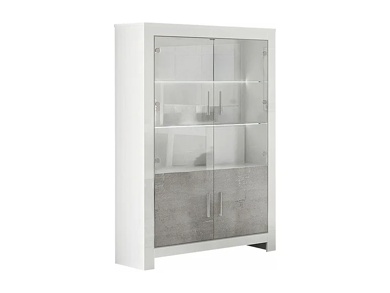 DENAE - Vitrine 4 Portes Laquée Blanc Brillant et Gris Marbré avec Leds