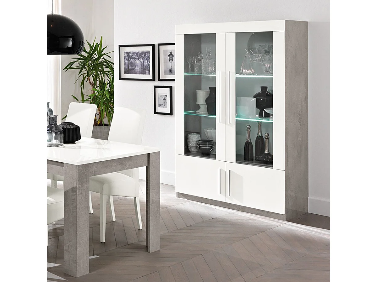 CLARK - Vitrine 4 Portes Laquée Blanc et Marbre Poignées Métal avec Leds
