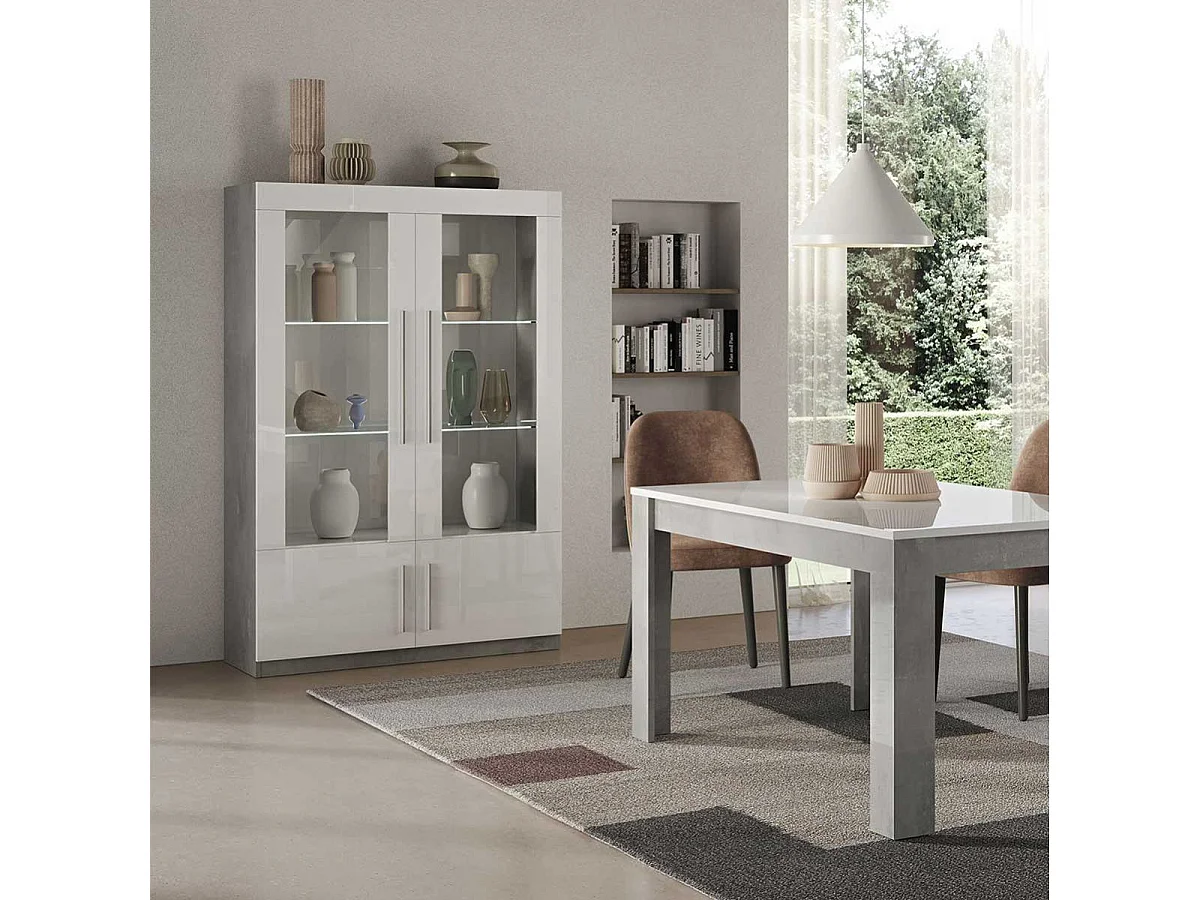 CLARK - Vitrine 4 Portes Laquée Blanc et Marbre Poignées Métal avec Leds