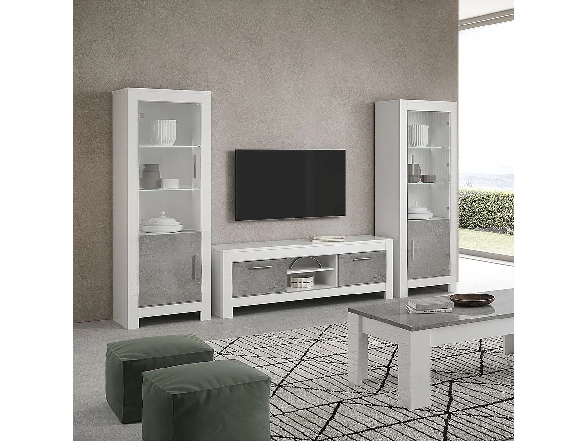 DENAE - Vitrine Gauche Laquée Blanc Brillant et Gris Marbré avec Leds