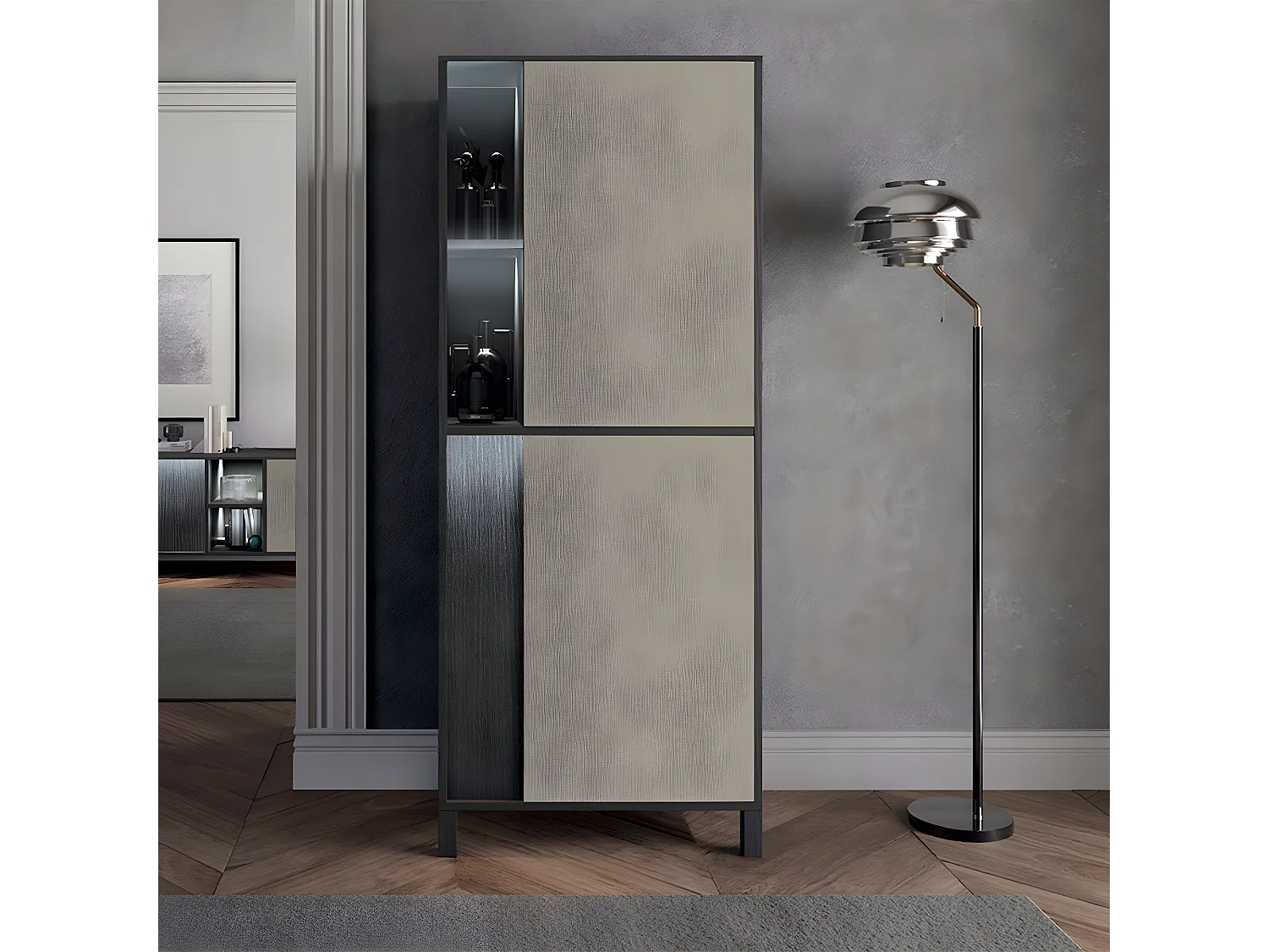 MANTA - Vitrine Droite Effet Chêne Foncé et Champagne avec Leds