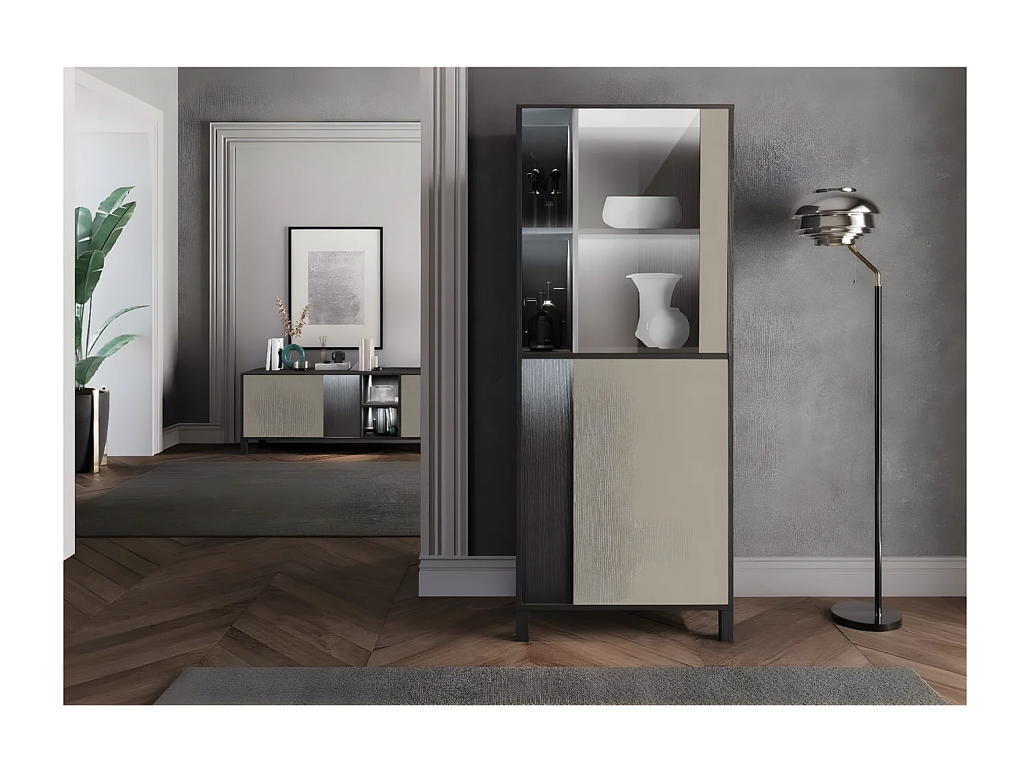 MANTA - Vitrine Droite Effet Chêne Foncé et Champagne avec Leds