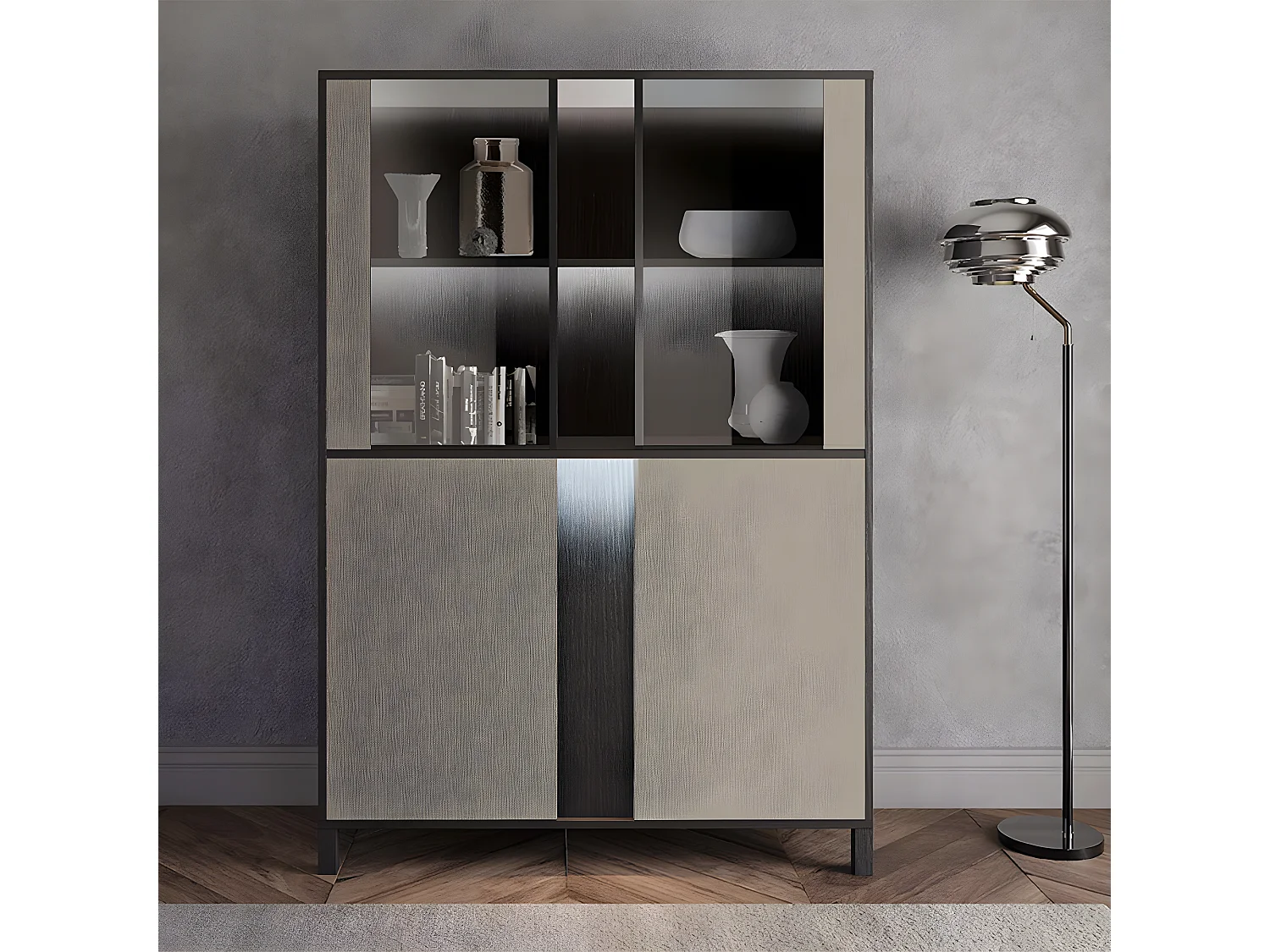 MANTA - Vitrine 4 Portes Effet Chêne Foncé et Champagne avec Leds