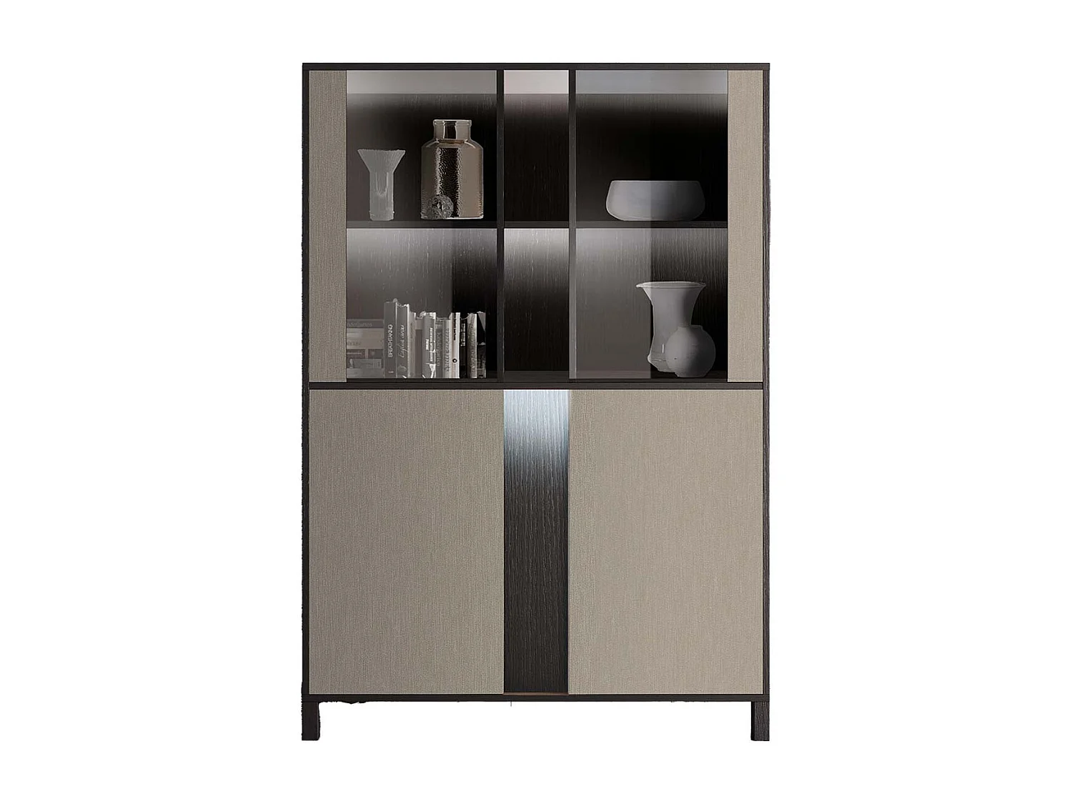 MANTA - Vitrine 4 Portes Effet Chêne Foncé et Champagne avec Leds
