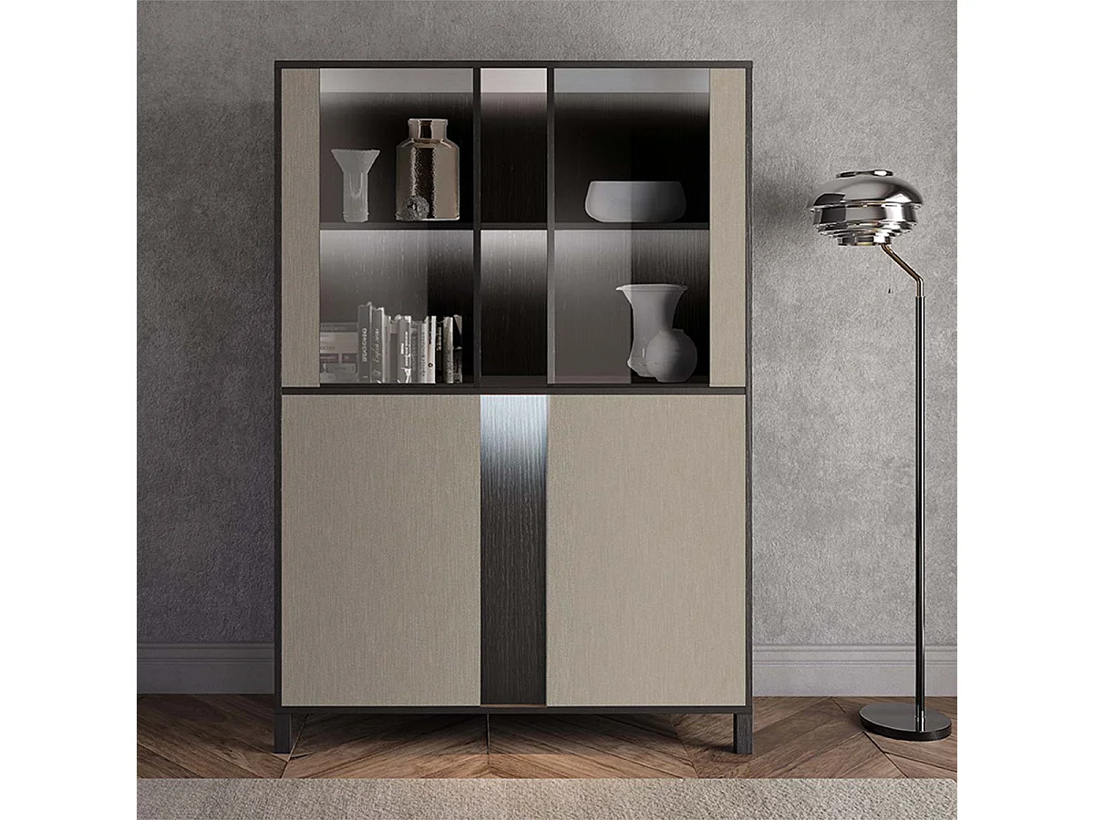 MANTA - Vitrine 4 Portes Effet Chêne Foncé et Champagne avec Leds