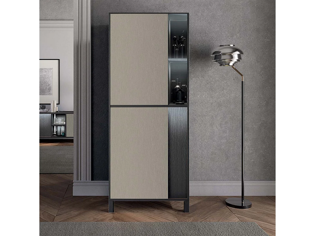 MANTA - Rangement Gauche 2 Portes Effet Chêne Foncé et Champagne avec Leds