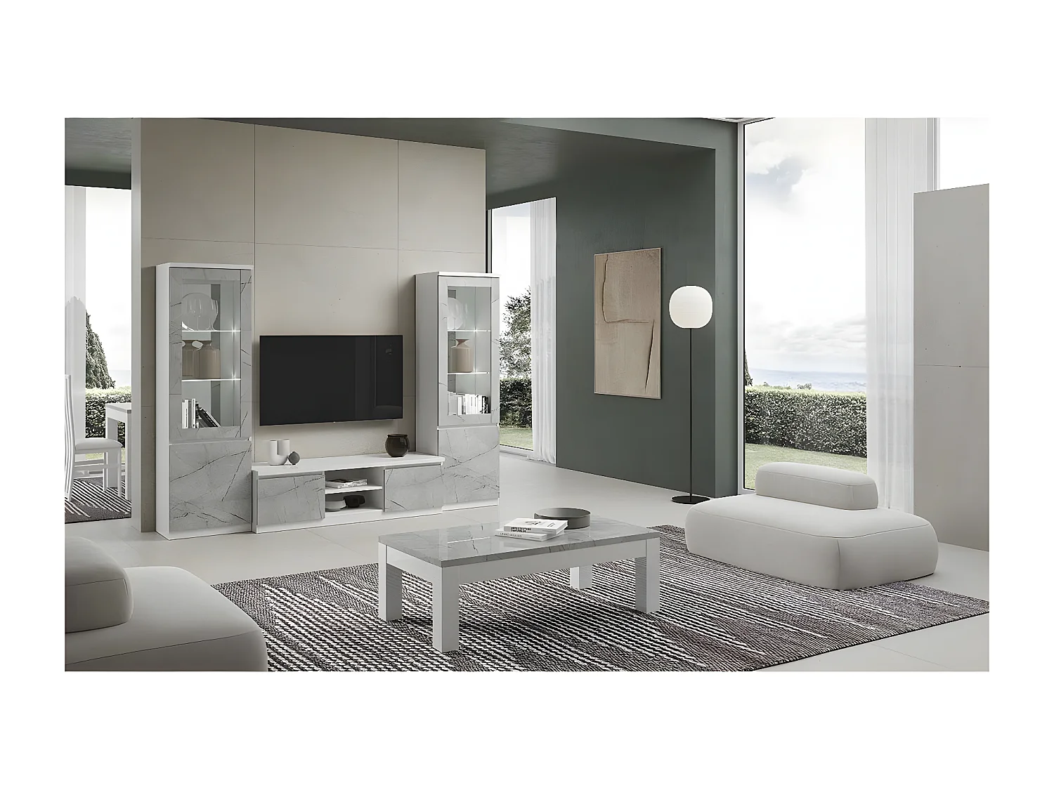 DEYTON - Vitrine Droite Laquée Blanc et Gris Marbré avec Leds