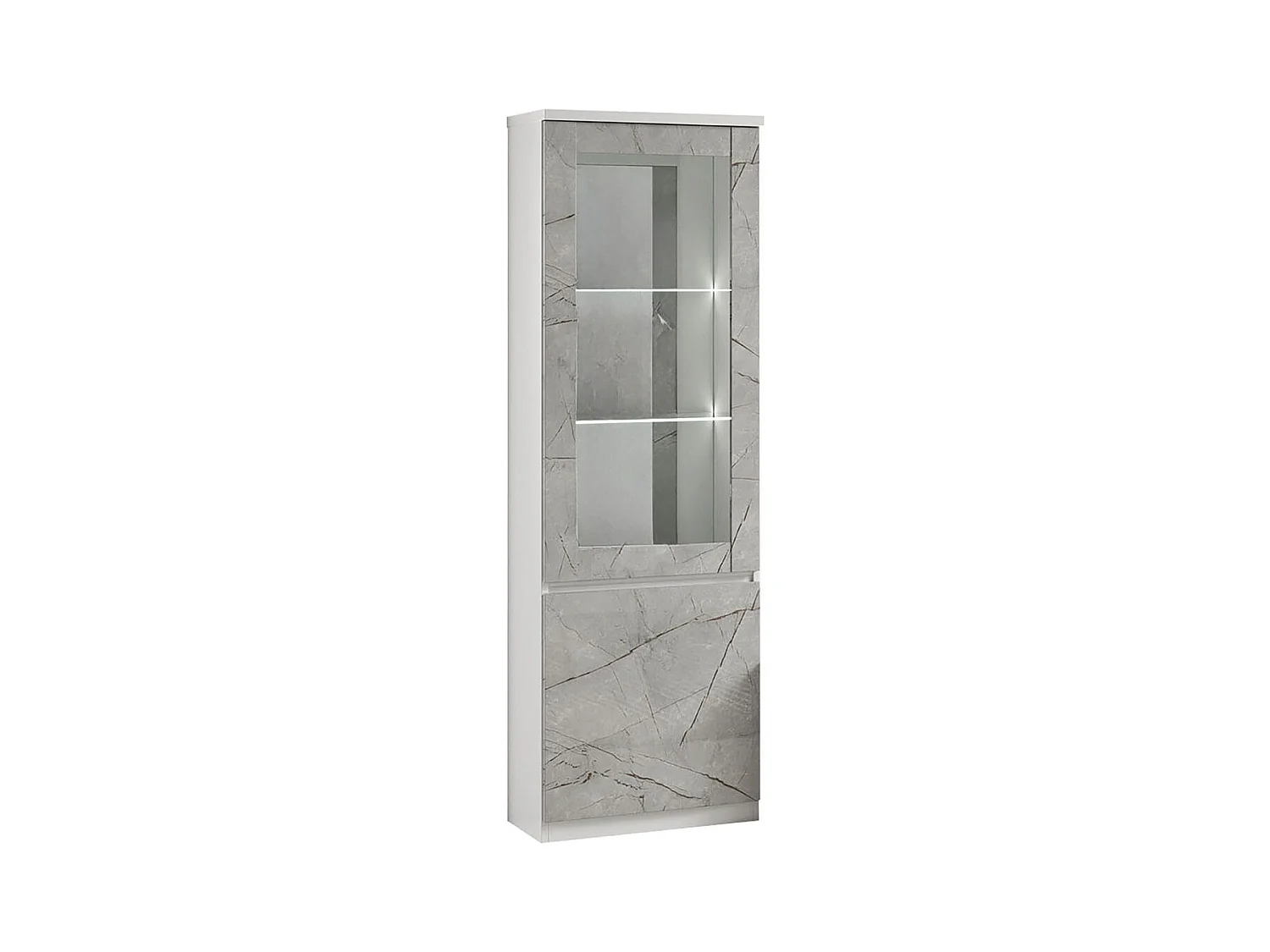 DEYTON - Vitrine Droite Laquée Blanc et Gris Marbré avec Leds