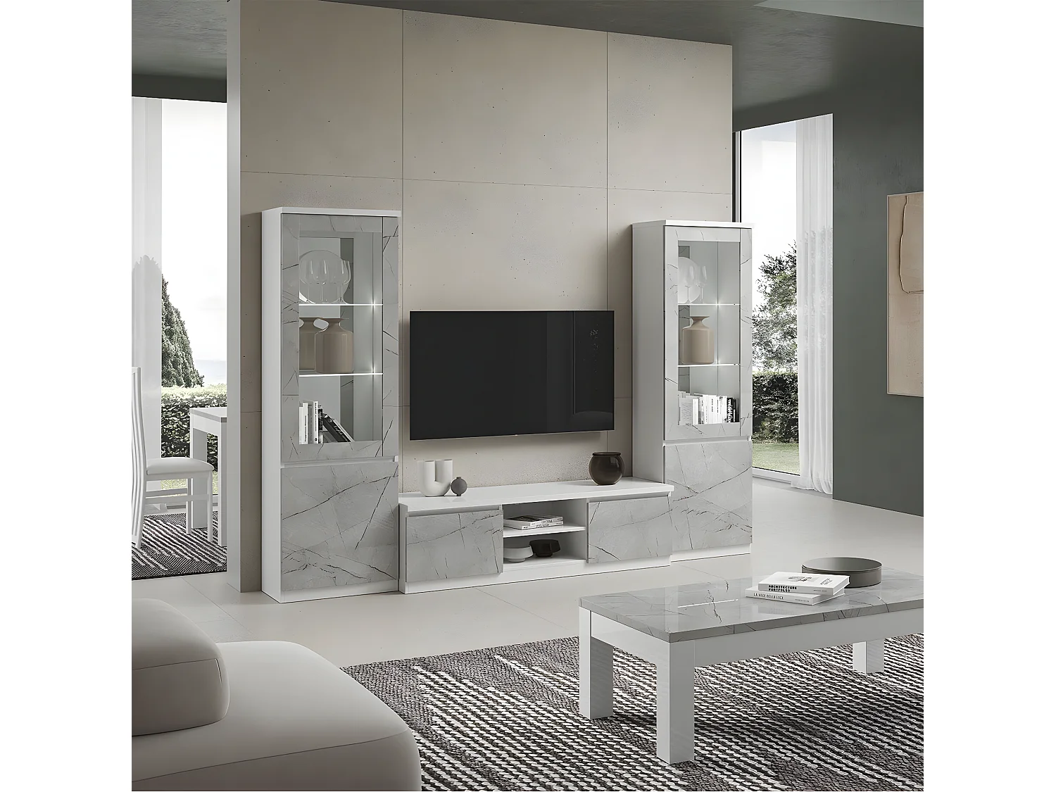 DEYTON - Vitrine Droite Laquée Blanc et Gris Marbré avec Leds