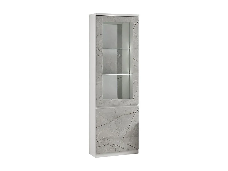 DEYTON - Vitrine Droite Laquée Blanc et Gris Marbré avec Leds