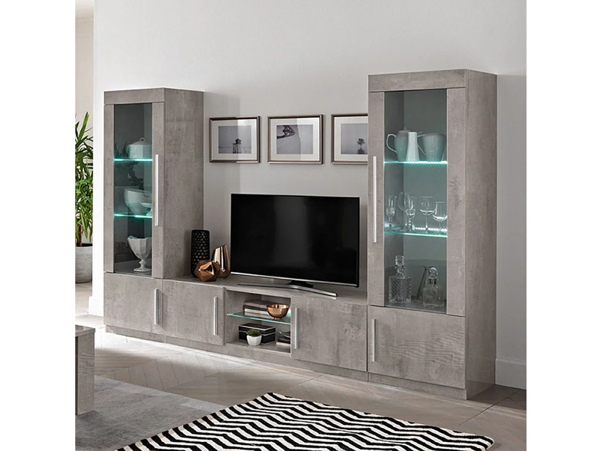 CLARK - Vitrine Gauche Laquée Effet Marbre Poignées Métal avec Leds