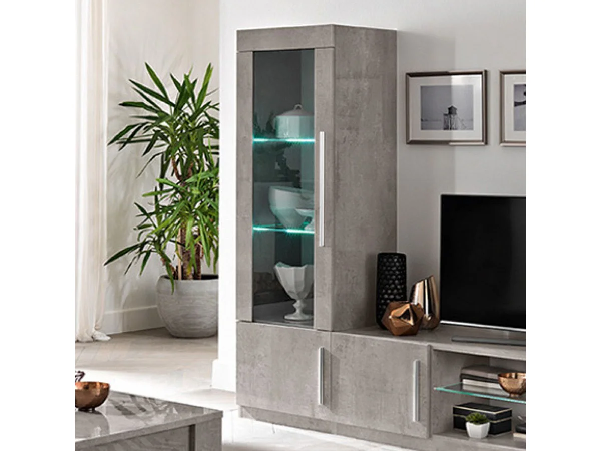 CLARK - Vitrine Gauche Laquée Effet Marbre Poignées Métal avec Leds