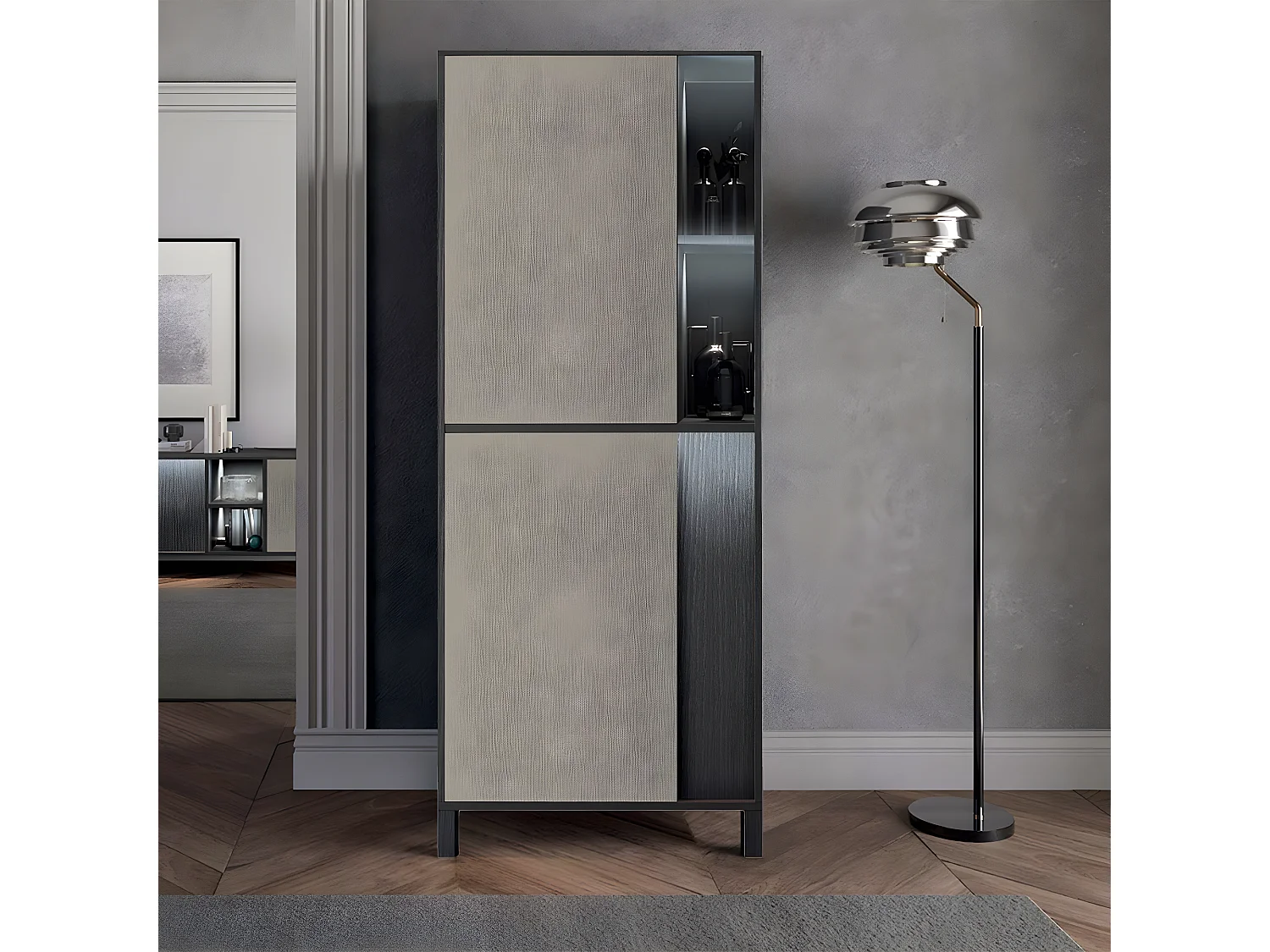 MANTA - Vitrine Gauche Effet Chêne Foncé et Champagne avec Leds