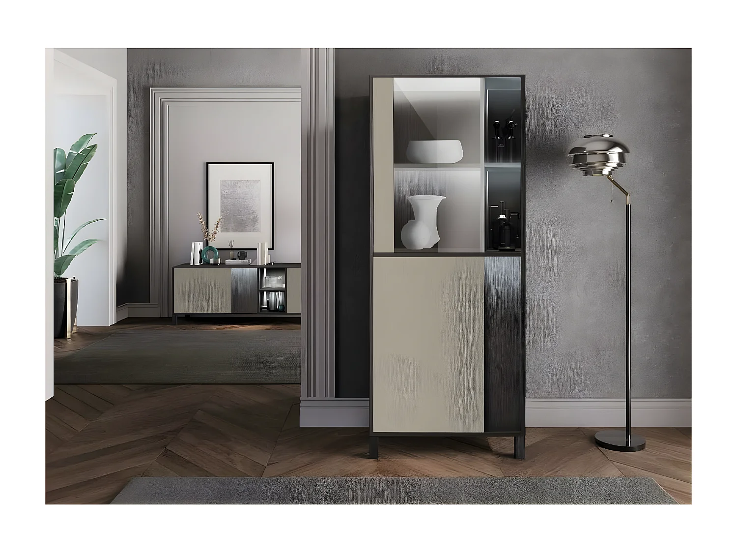 MANTA - Vitrine Gauche Effet Chêne Foncé et Champagne avec Leds