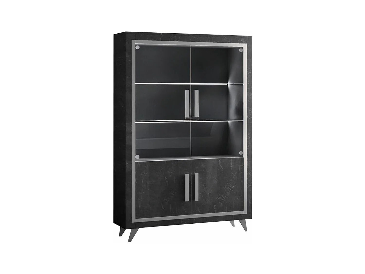 GUEDA - Vitrine 4 Portes Effet Marbre Anthracite Finition Argent avec Leds