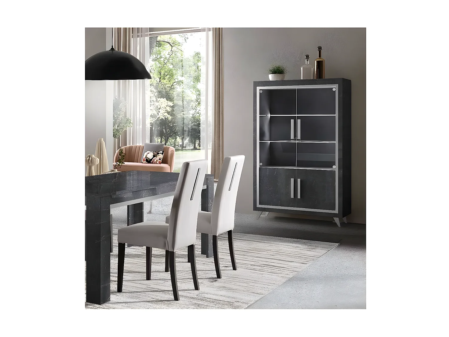 GUEDA - Vitrine 4 Portes Effet Marbre Anthracite Finition Argent avec Leds