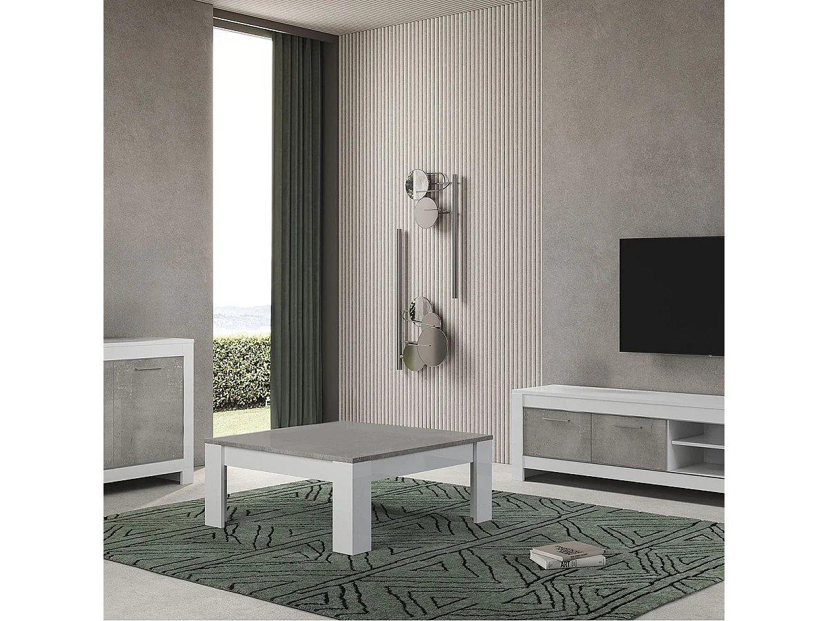 DENAE - Table Basse Carrée 100cm Laquée Blanc Brillant et Gris Marbré