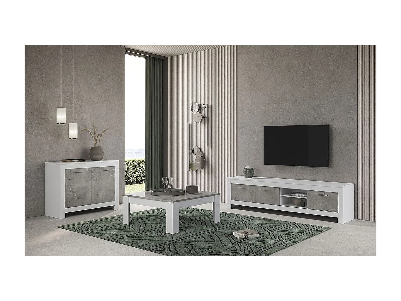 DENAE - Table Basse Carrée 100cm Laquée Blanc Brillant et Gris Marbré