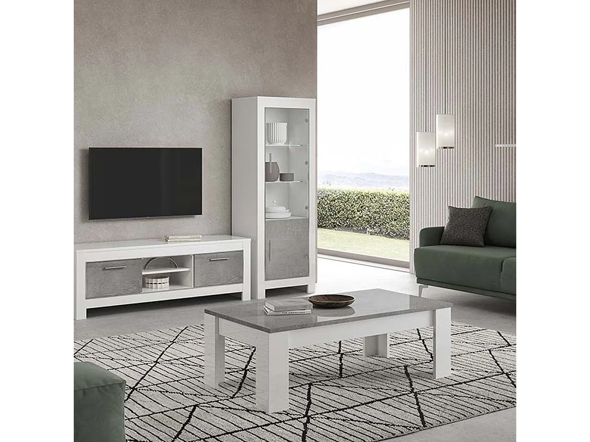 DENAE - Table Basse Rectangulaire L126cm Laquée Blanc Brillant et Gris Marbré