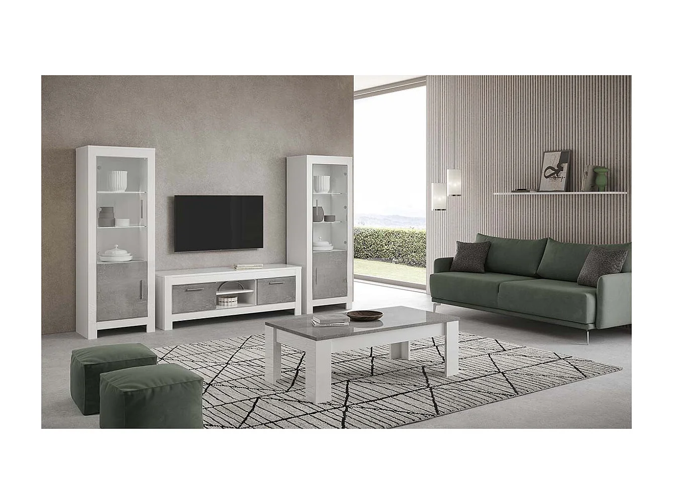 DENAE - Table Basse Rectangulaire L126cm Laquée Blanc Brillant et Gris Marbré