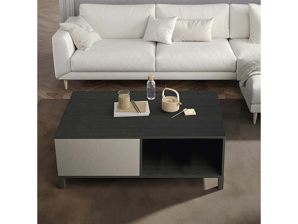 MANTA - Table Basse Effet Chêne Foncé et Champagne avec Niche