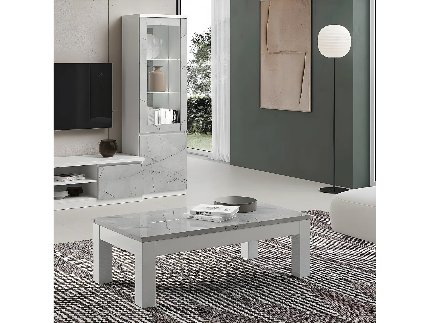 DEYTON - Table Basse L127cm Laquée Blanc et Gris Marbré