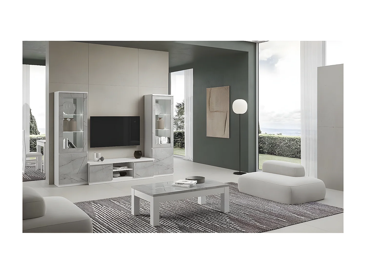 DEYTON - Table Basse L127cm Laquée Blanc et Gris Marbré