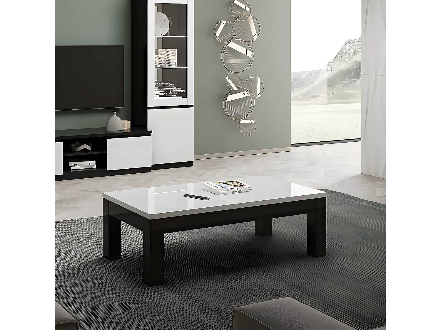 DEYTON - Table Basse L127cm Laquée Noir et Blanc Brillant