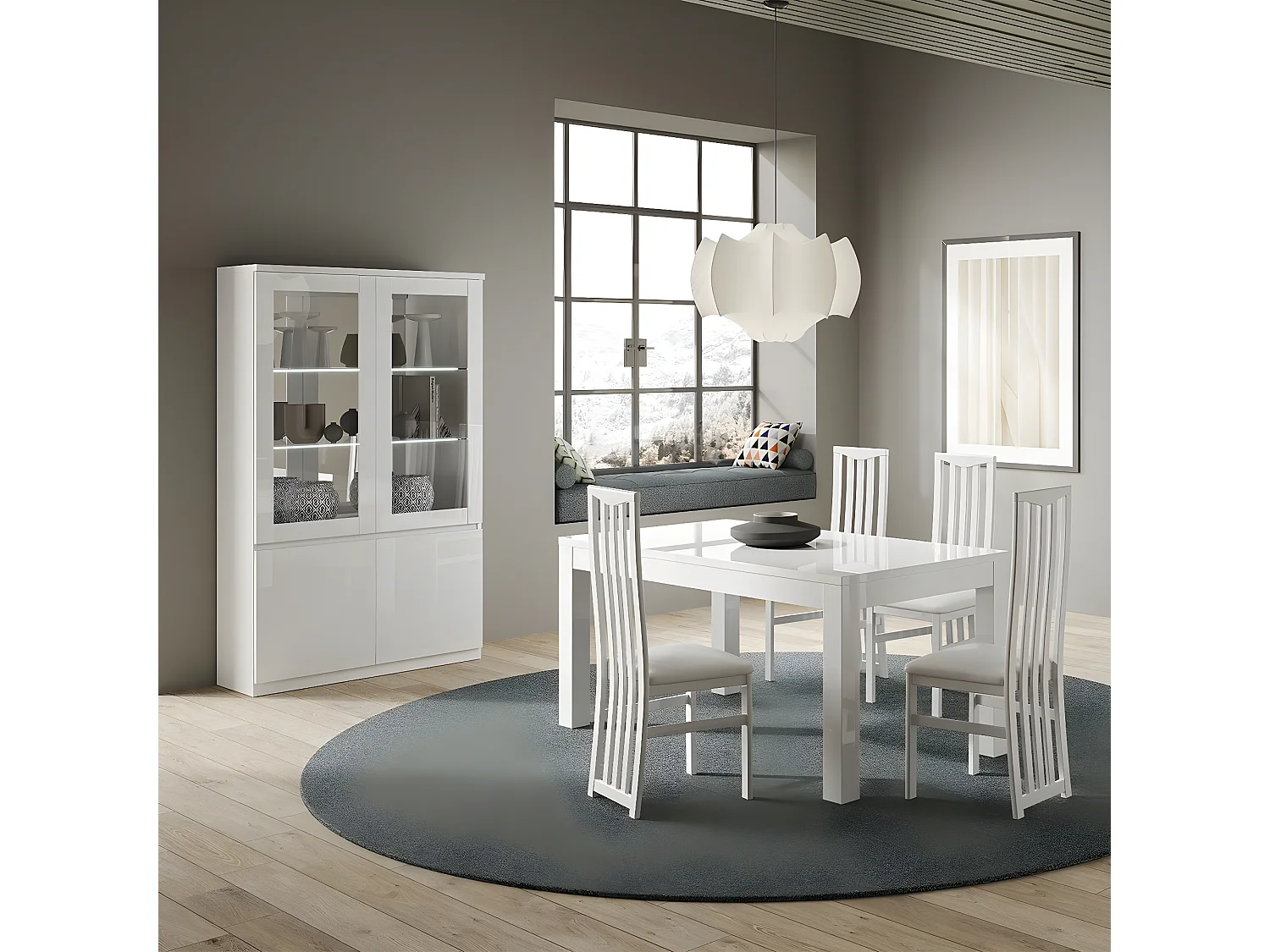 DEYTON - Ensemble Séjour Complet Laqué Blanc Table 160cm + Buffet + Vitrine avec Leds