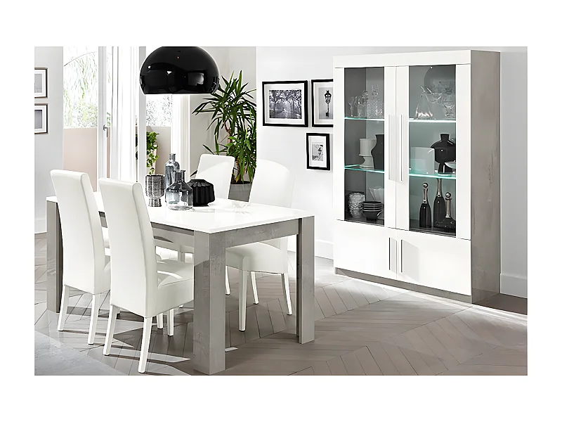 CLARK - Ensemble Séjour Blanc et Marbre Table 190cm + Vitrine 4 Portes avec Leds