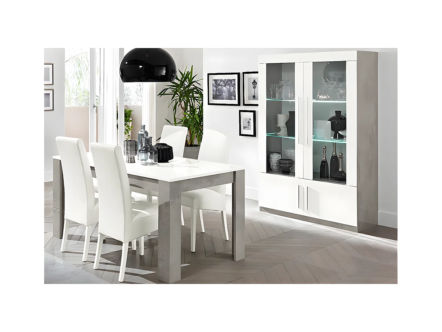 CLARK - Ensemble Séjour Blanc et Marbre Table 190cm + Vitrine 4 Portes avec Leds