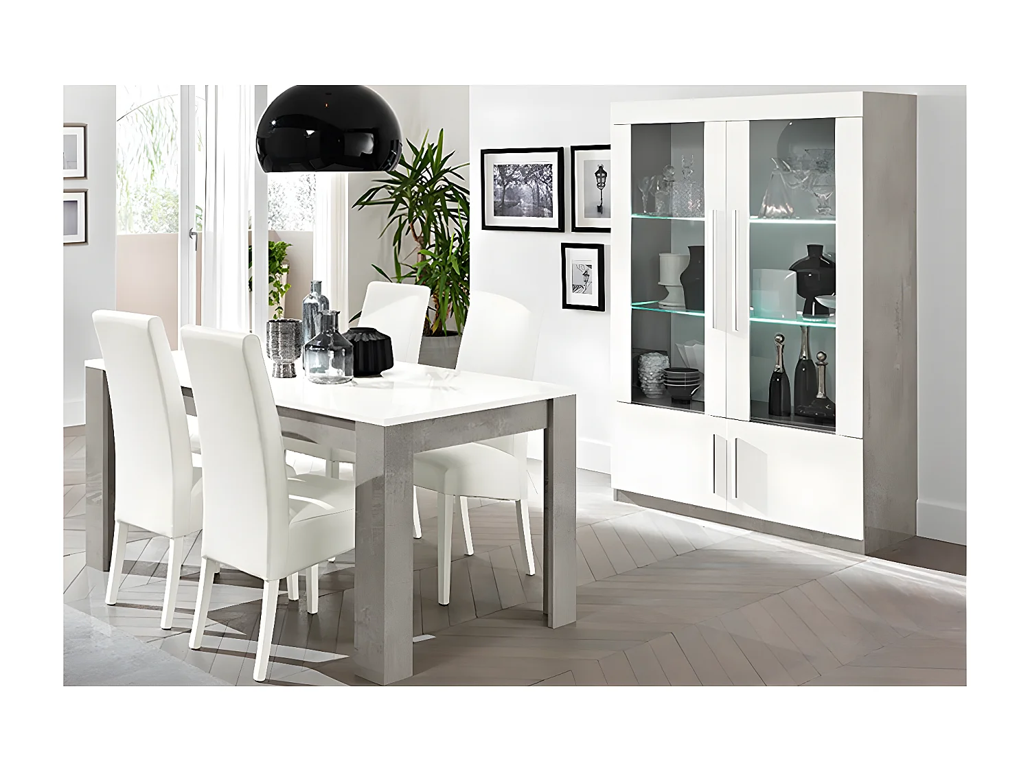 CLARK - Ensemble Séjour Blanc et Marbre Table 190cm + Vitrine 4 Portes avec Leds