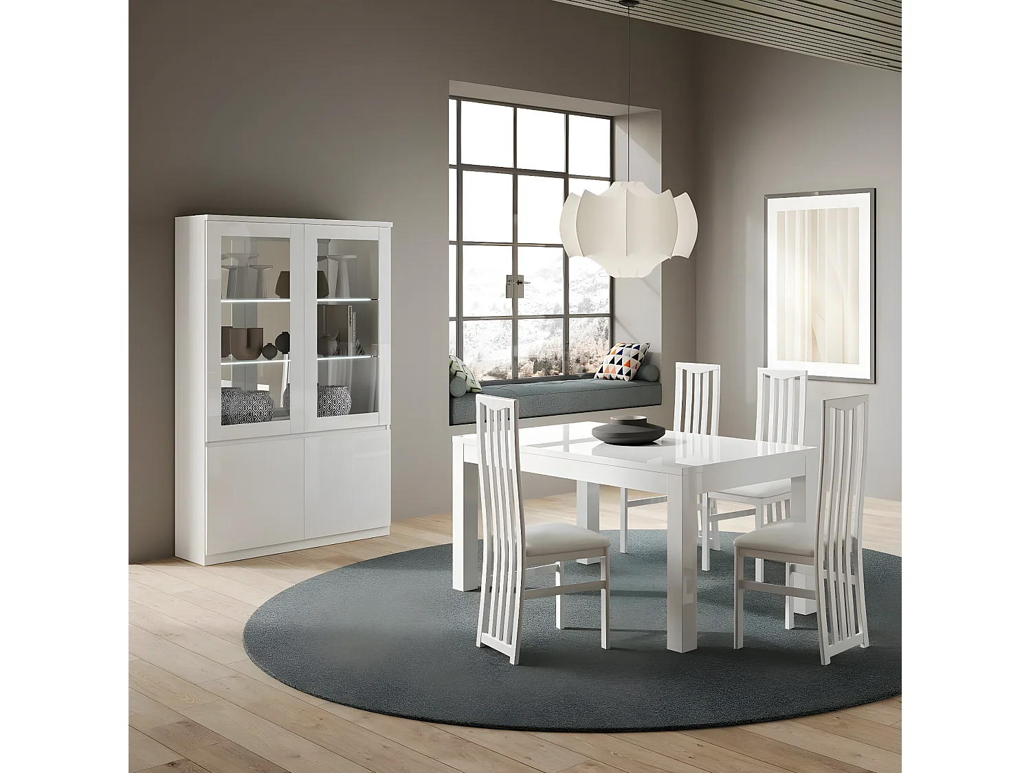 DEYTON - Ensemble Séjour Laqué Blanc Table 138cm + Vitrine avec Leds