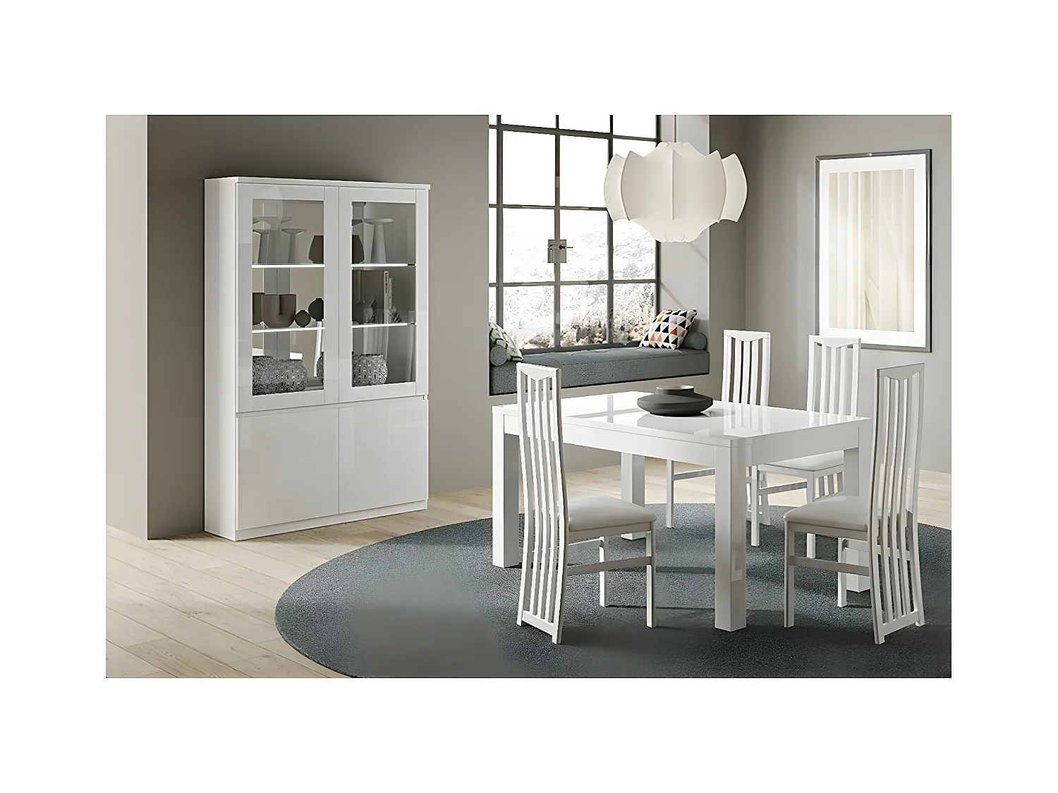 DEYTON - Ensemble Séjour Laqué Blanc Table 138cm + Vitrine avec Leds