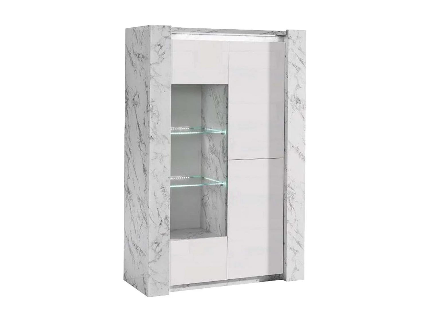 PRAVA - Ensemble Séjour Complet Blanc et Effet Marbre Table 190cm + Buffet et Vitrine avec Leds