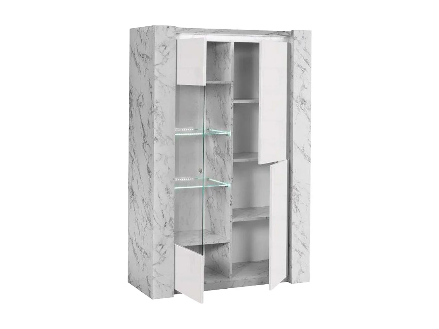 PRAVA - Ensemble Séjour Complet Blanc et Effet Marbre Table 190cm + Buffet et Vitrine avec Leds