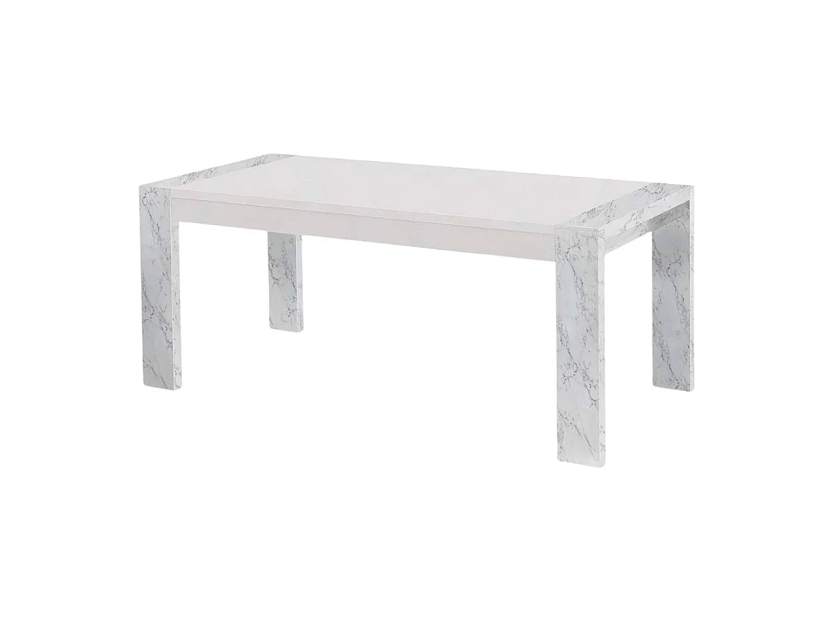 PRAVA - Ensemble Séjour Complet Blanc et Effet Marbre Table 190cm + Buffet et Vitrine avec Leds