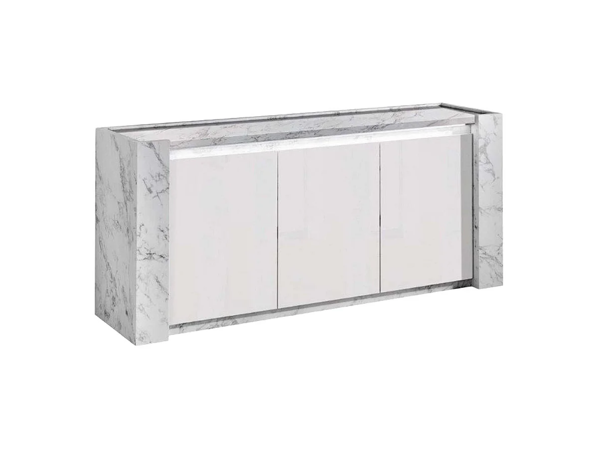 PRAVA - Ensemble Séjour Complet Blanc et Effet Marbre Table 190cm + Buffet et Vitrine avec Leds